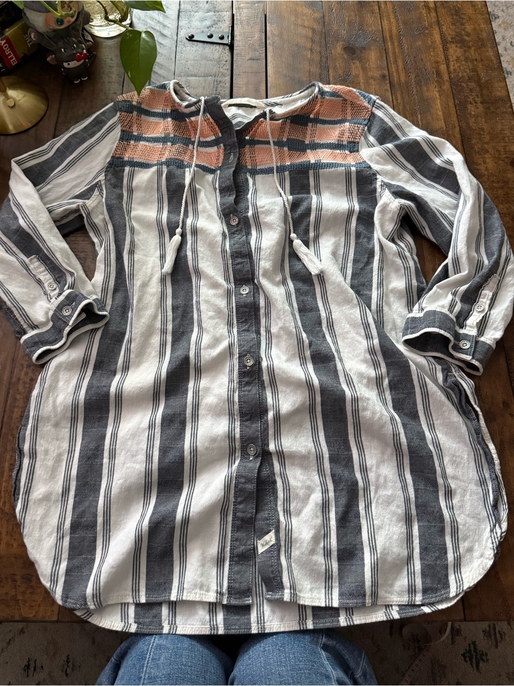 Sz M Woolrich Cleo Falls Eco Rich Grey White Tunic Shirt 100% Organic Cotton